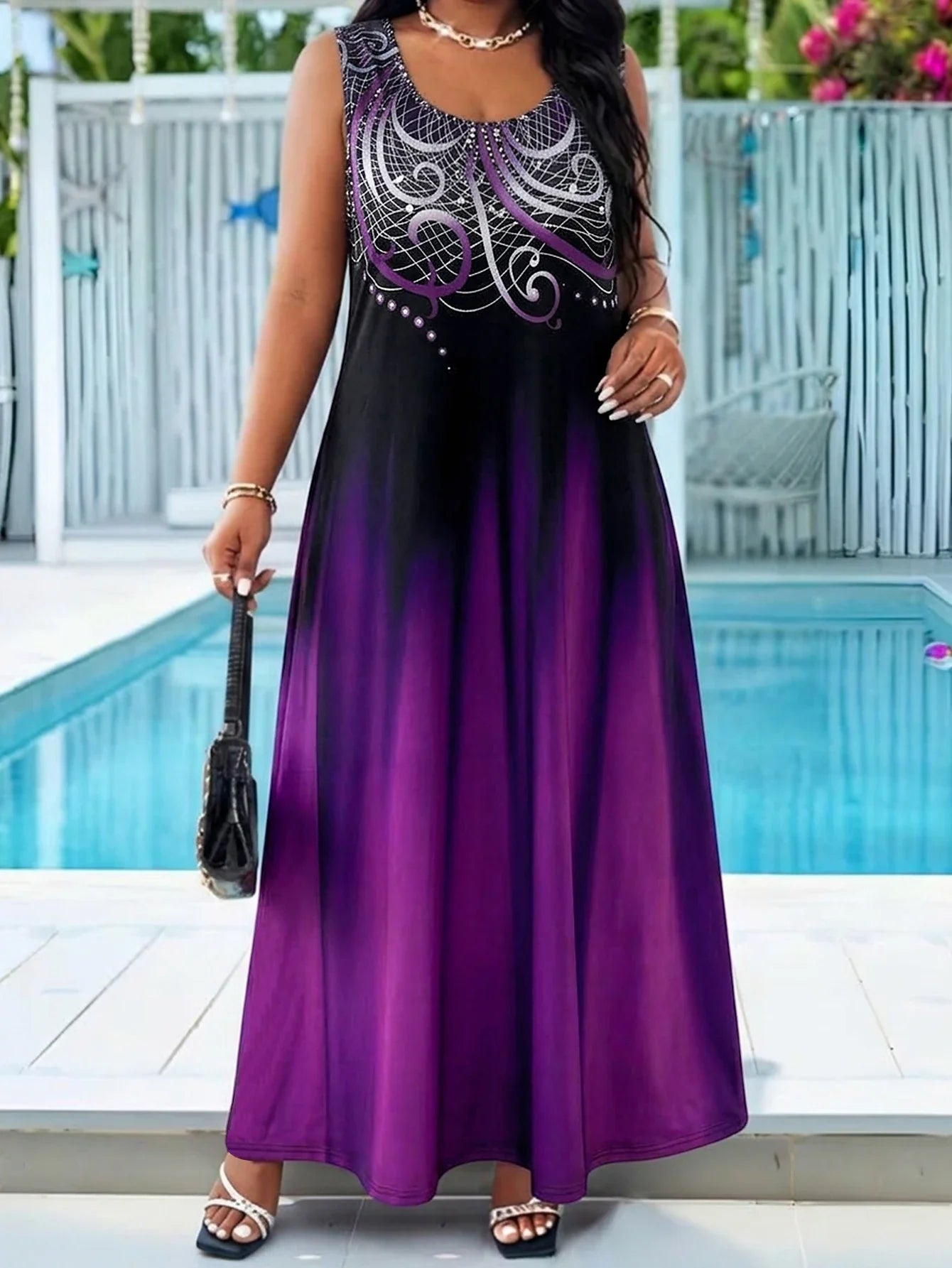 Plus Size Teal Blue Maxi Dress - Gradient Print Sleeveless Casual Sundress with Pocket