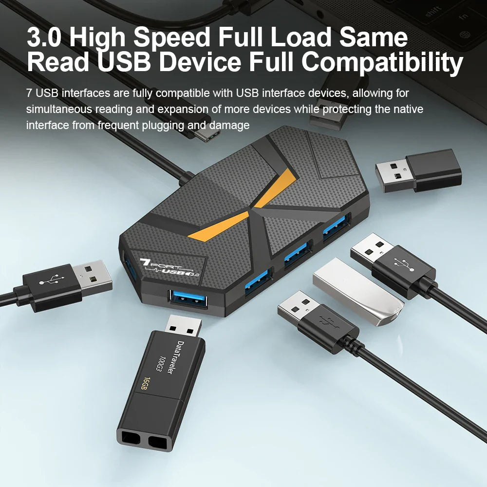 7-Port USB 3.0 Hub Type-C Docking Station — High-Speed 5Gbps Adapter for Laptop, Hard Drive, Mouse & Keyboard