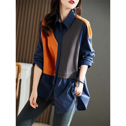 Women’s Fashion Lantern Sleeve Shirt – French Patchwork Blouse, Single-Breasted Business Casual Office Top