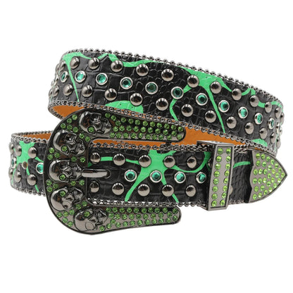 Women’s Rhinestone Skull Leather Belt – Luxury Designer Studded Strap for Jeans, White & Black