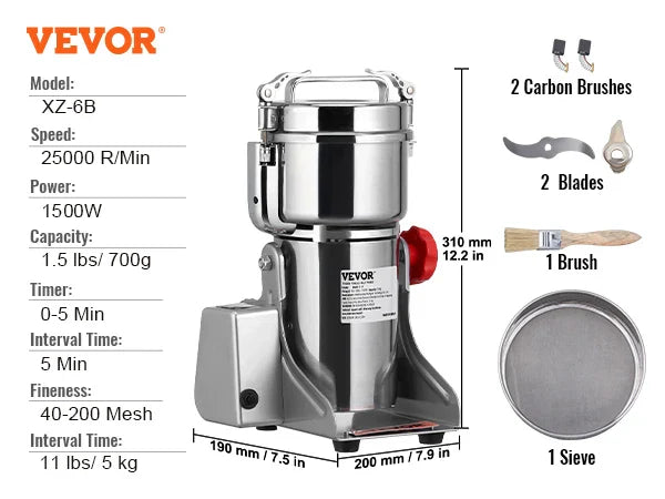 SucceBuy 150-2500g Electric Grain Mill Grinder – Commercial Spice & Herb Grinder for Coffee, Corn & Cereals