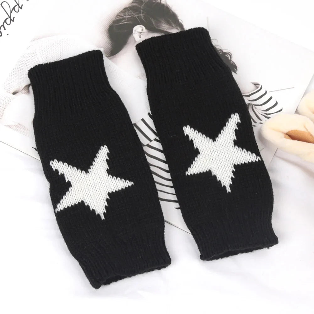 Black & White Women’s Knitted Fingerless Gloves – Warm Autumn/Winter Half Gloves for Girls