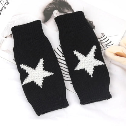 Women’s Knitted Fingerless Half Gloves – Warm Black & White Arm Sleeve Mittens for Autumn Winter Fashion Casual Wear Accessories