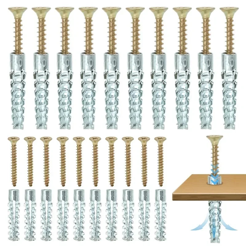 100/10 Sets Metal Serrated Expansion Tube with Self-Tapping Screws — Concrete Wall Anchor Bolt Kit