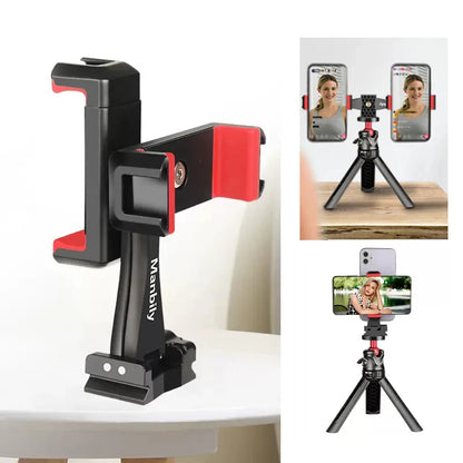 360° Rotatable Dual Phone Holder – Clip Clamp with 4 Cold Shoes & 1/4” Screw for Tripod, Selfie Stick, Vlog & Live Streaming