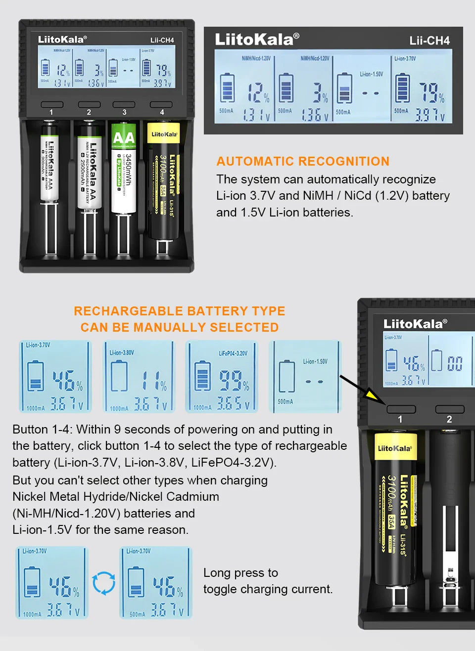 LiitoKala Lii-S8 Lii-S12 CH4 Multi-Function Battery Charger – 18650, 26650, 21700, 26700, AA, AAA Li-ion, NiMH, LiFePO4 Compatible