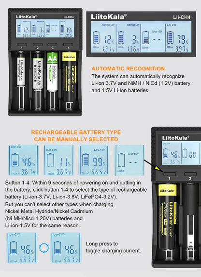 LiitoKala Lii-S8 Lii-S12 CH4 Multi-Function Battery Charger – 18650, 26650, 21700, 26700, AA, AAA Li-ion, NiMH, LiFePO4 Compatible