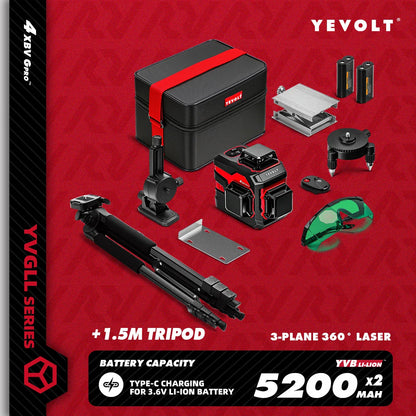 YEVOLT YVGLL4XS12 12-Line Green Laser Level – ±0.2mm/m Precision, IP54 Waterproof, Auto-Leveling with Slope Mode