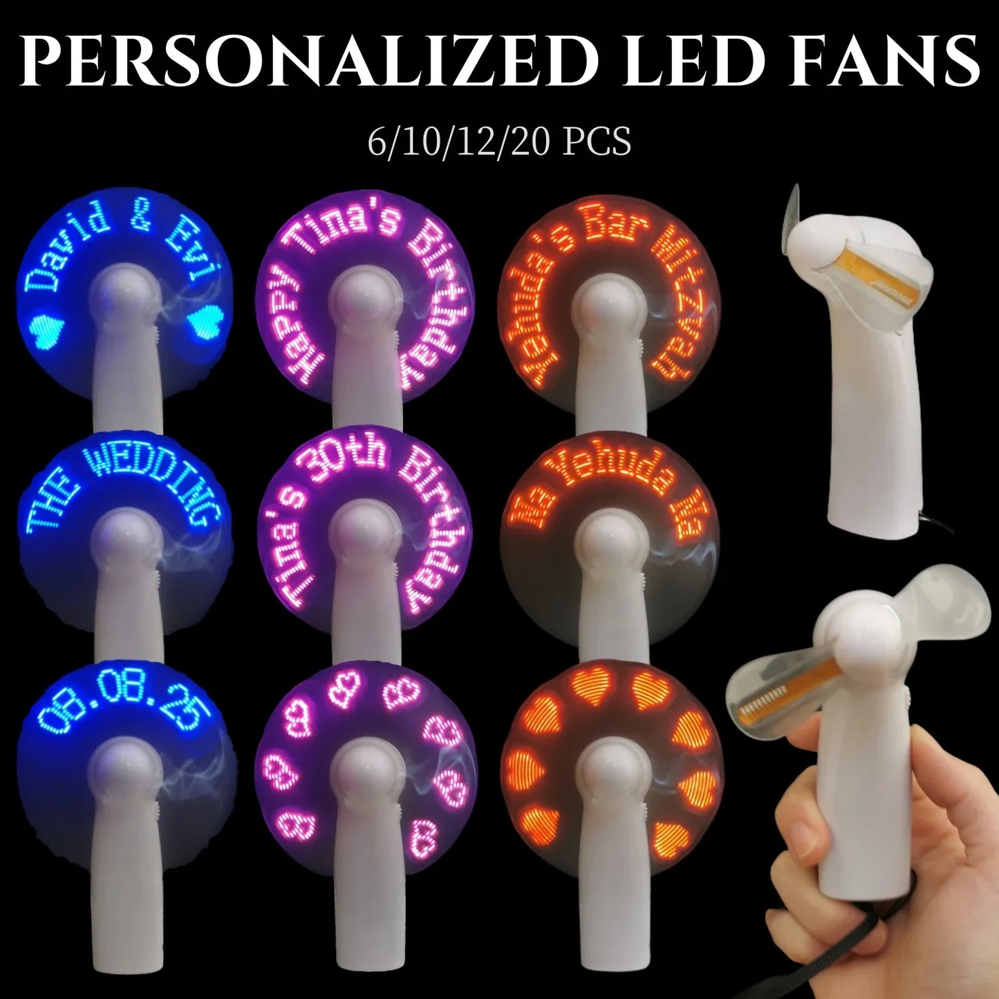6-20 Pcs Customized LED Fans – Personalized Portable Light-Up Fans for Proposals, Outdoor, Birthday & Wedding Gift Favors