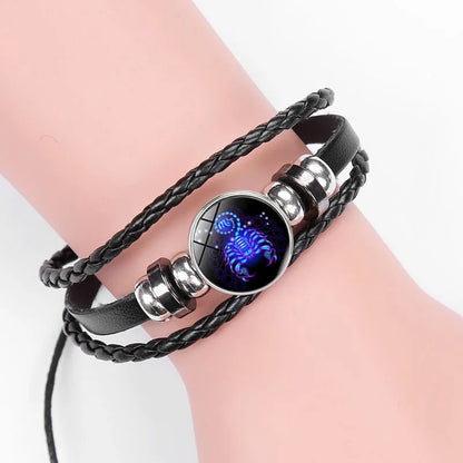 Men’s Zodiac Sign Leather Bracelet | 12 Constellation Black Braided Wrap | Punk Style Multilayer Bracelet for Birthday Gifts
