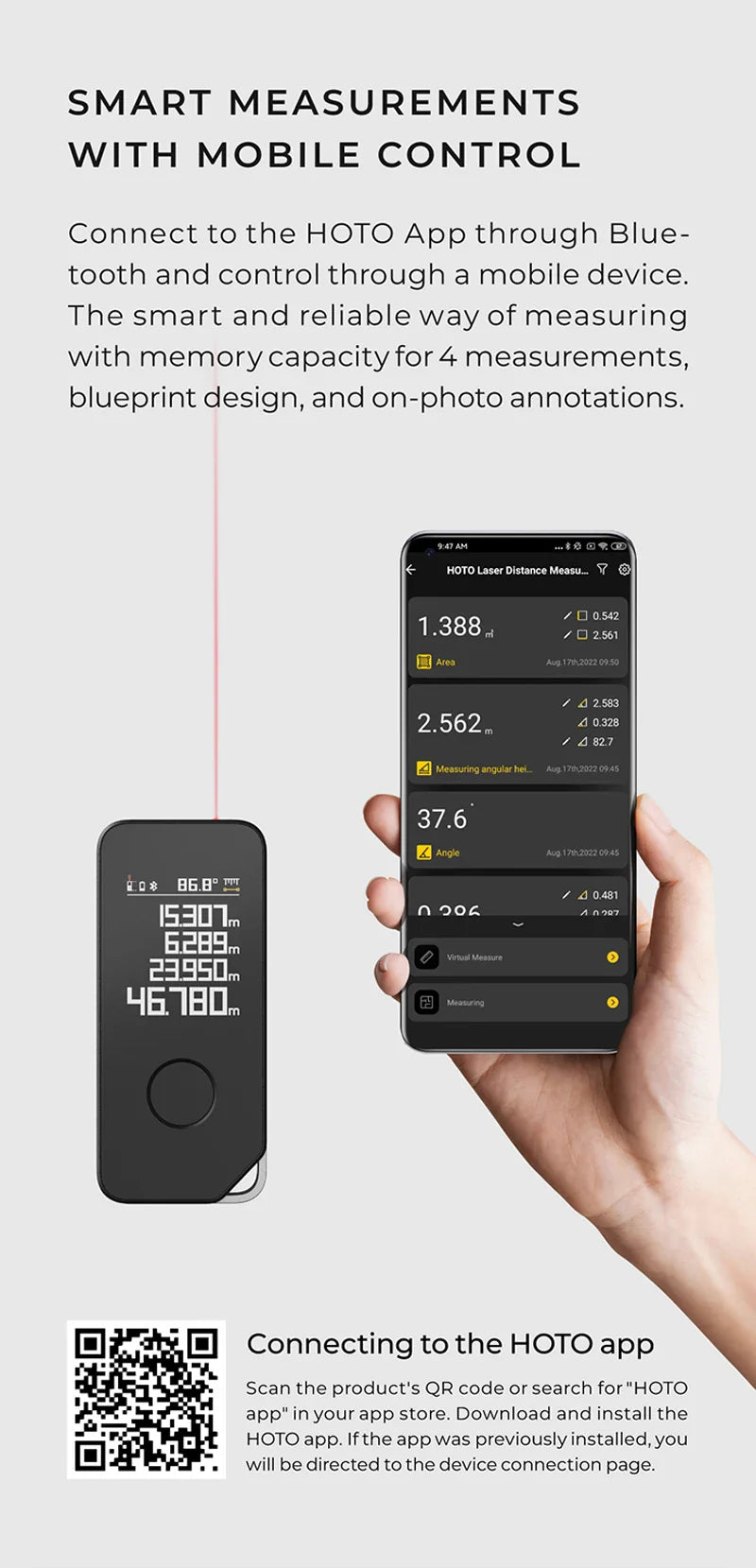 HOTO Smart Laser Measure Pro, LED Display Digital Laser Tape Measuring Tool, Rechargeable Rangefinder Ruler