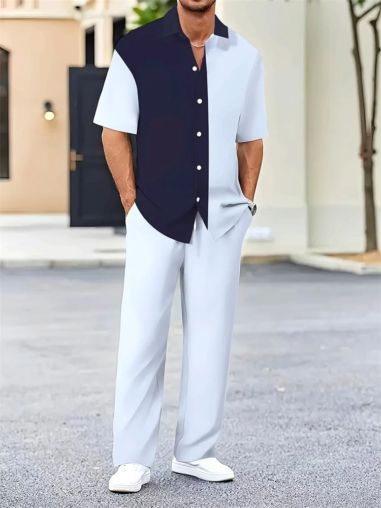 Men's Light Blue Striped Shirt Set - 3D Printed Casual Lapel Shirt for Autumn Outdoor Style