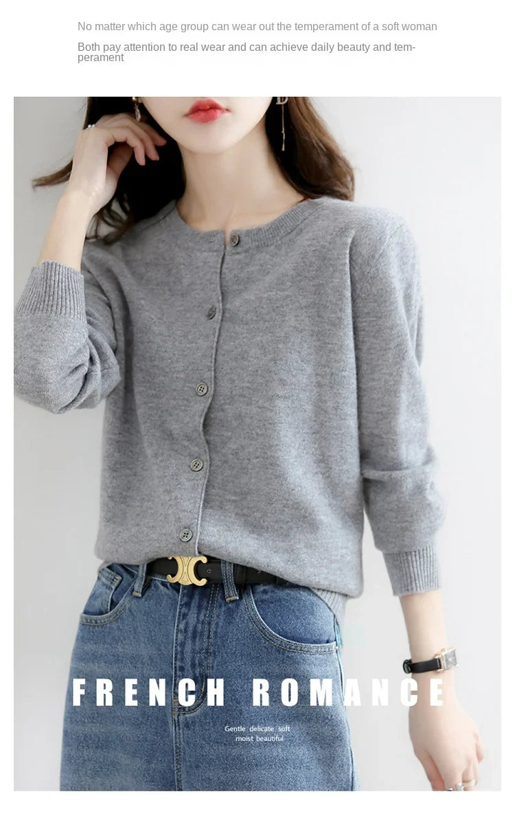Women’s Solid Color Knit Cardigan - Spring Autumn Round Neck Worsted Sweater ZD-021