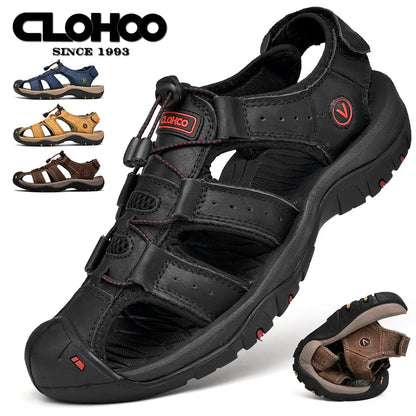 CLOHOO Men's Leather Sandals - Handmade Thick Sole Breathable Slip-On Beach Shoes