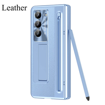 Slim Leather Case with Touch Pen for Samsung Galaxy Z Fold 6/5/W25/4/3 – Plated Hinge & Full Screen Protector Cover