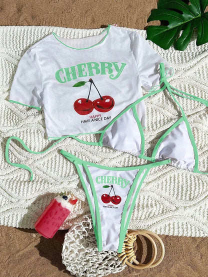 Cherry Print Bikini Set 2026 – Sexy 3-Piece Women’s Swimwear, Fresh Style Beach Bathing Suit, Available in 7 Colors (S–XL)