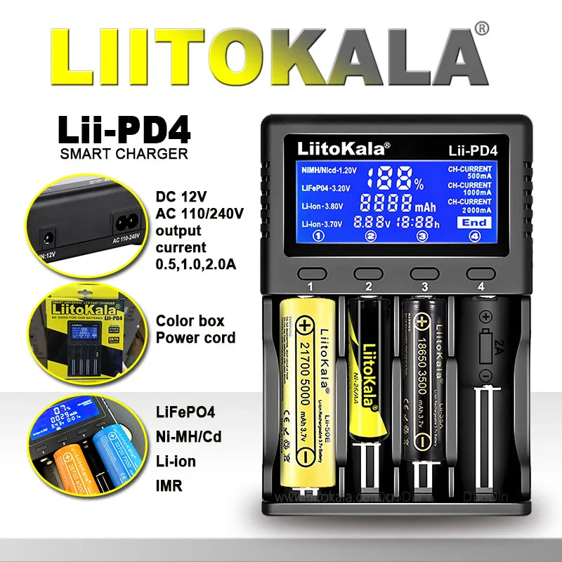 LiitoKala Lii-PD4/PD2 AC PD Charger – Fast Charging 4/2-Bay for 21700, 18650, AA & AAA Batteries with LCD & Multi-Protection