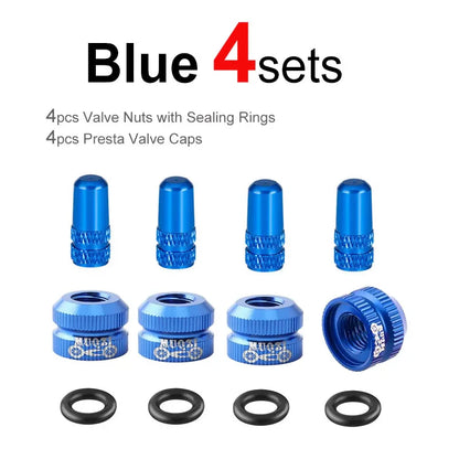 Bicycle Presta Valve Nut & Cap Set – Inner Tube Tire Nozzle Locking Screw with Sealing Ring Dust Protector