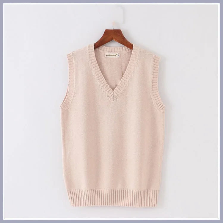 Unisex Sleeveless Sweater Vest – V-Neck Preppy Knitted Jumper for Women & Men, Retro Spring Fashion