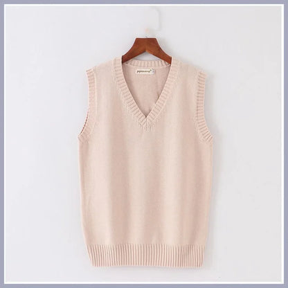 Unisex Sleeveless Sweater Vest – V-Neck Preppy Knitted Jumper for Women & Men, Retro Spring Fashion