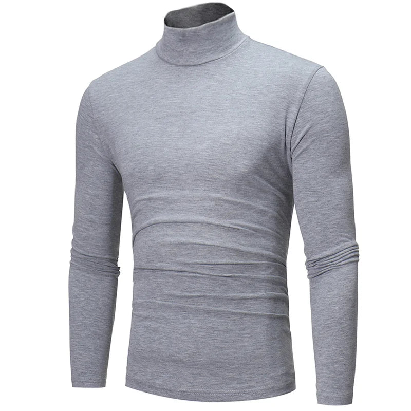 Fashion Men's Casual Slim Fit Turtleneck Pullover - High Collar Basic Tops for Autumn and Spring, Thin Bottoming Plain T-Shirt