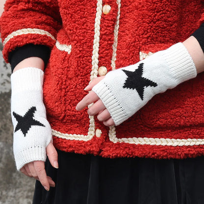 Black & White Women’s Knitted Fingerless Gloves – Warm Autumn/Winter Half Gloves for Girls