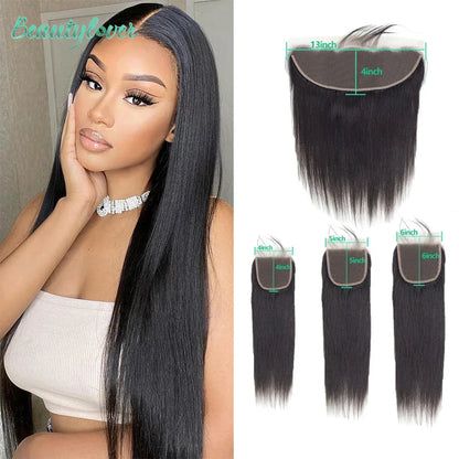 13x4 Transparent Lace Frontal – Brazilian Straight Human Hair Closure 4x4, 5x5, 6x6, 24 Inch for Women