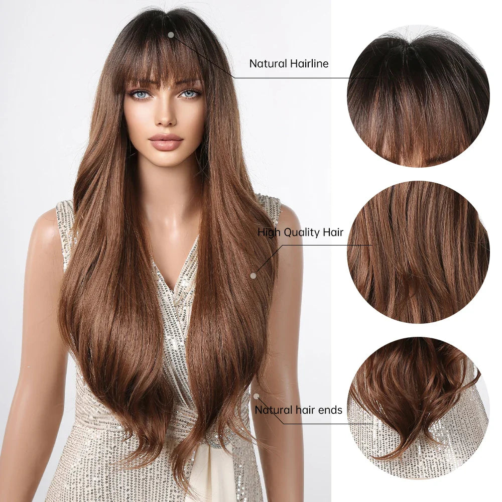 Ombre Honey Brown Long Synthetic Wig with Bangs — Wavy, Realistic, Soft, Heat-Resistant Hair for Daily & Party