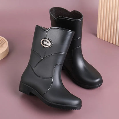 Women’s Fashion Mid-Tube Rain Boots – Wear-Resistant, Waterproof Rubber Shoes with Thick Sole, Non-Slip & Cotton Lining