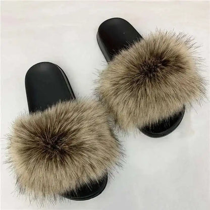 Summer Faux Fur Slippers for Women – Indoor Plush Furry Slides, Fluffy Flip Flops & Casual House Shoes
