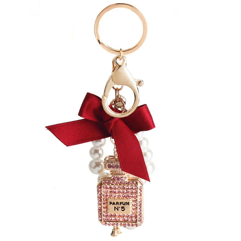 Fashion Pearl Perfume Bottle Keychain — Cute Bow Car & Bag Charm for Women, Creative Key Ring Accessory