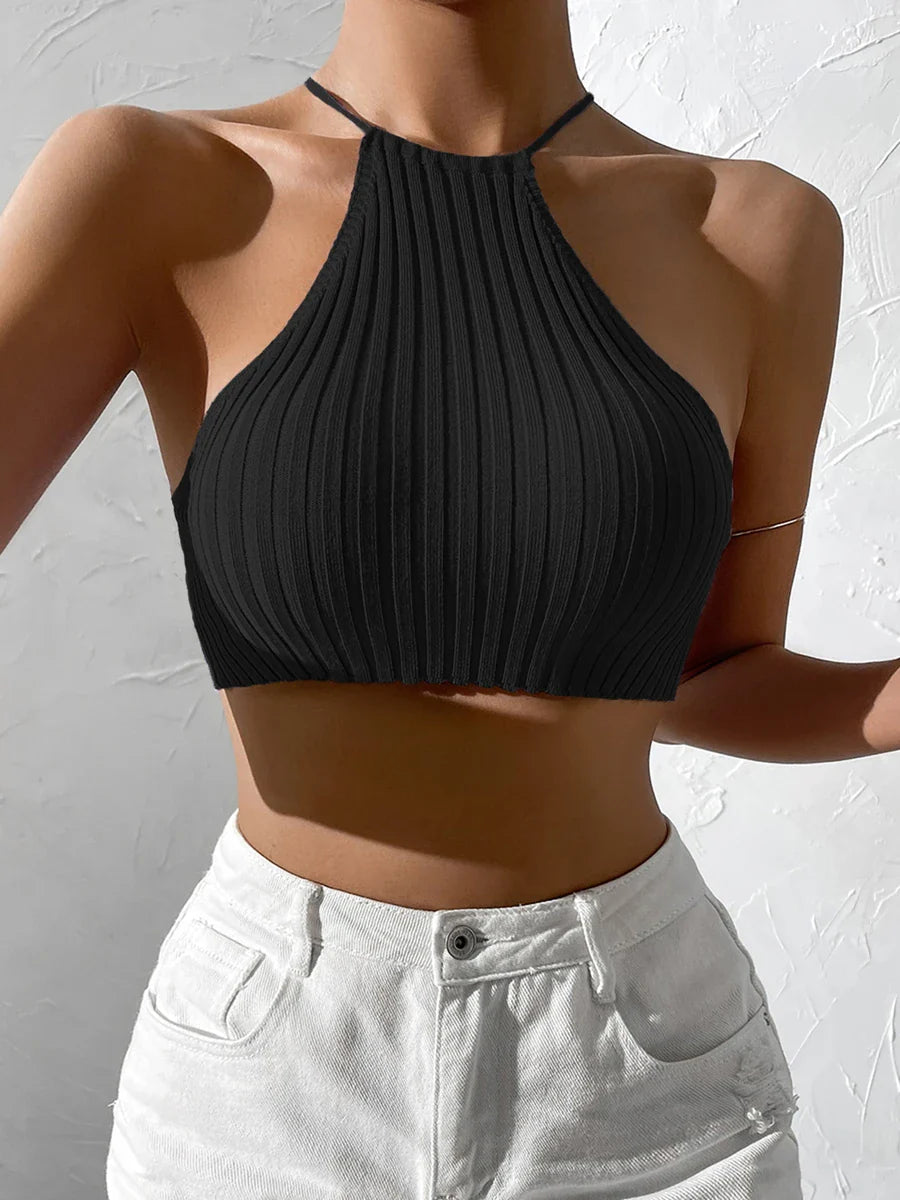 Women’s Summer Tie Backless Halter Crop Top – Y2K Knit Crossfit Sexy Casual Drawstring Beach Tank Top