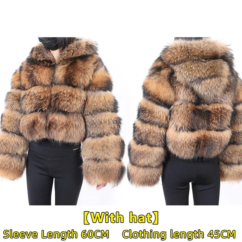 2025 Maomaokong Women’s Real Fur Coat – Natural Raccoon & Fox Fur Jacket with Hood, Warm Winter Outerwear
