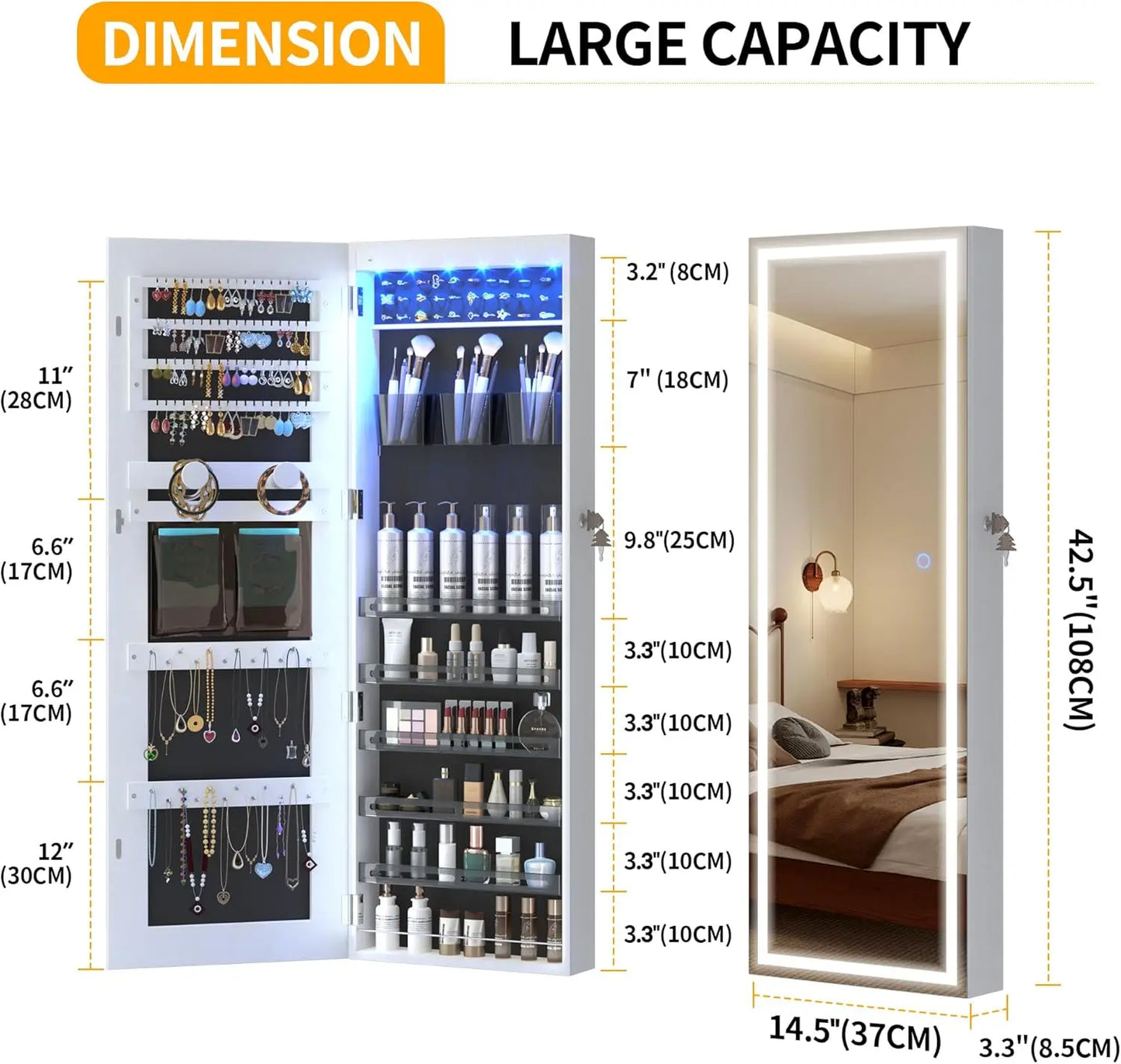 LED Door Hanging Mirror Cabinet – Wall-Mounted Full-Length Lighted Jewelry Organizer with Storage