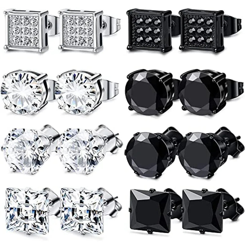 1–8 Pairs Stainless Steel Cubic Zirconia Stud Earrings Set – 6MM Unisex Minimalist Ear Piercing Jewelry for Men & Women