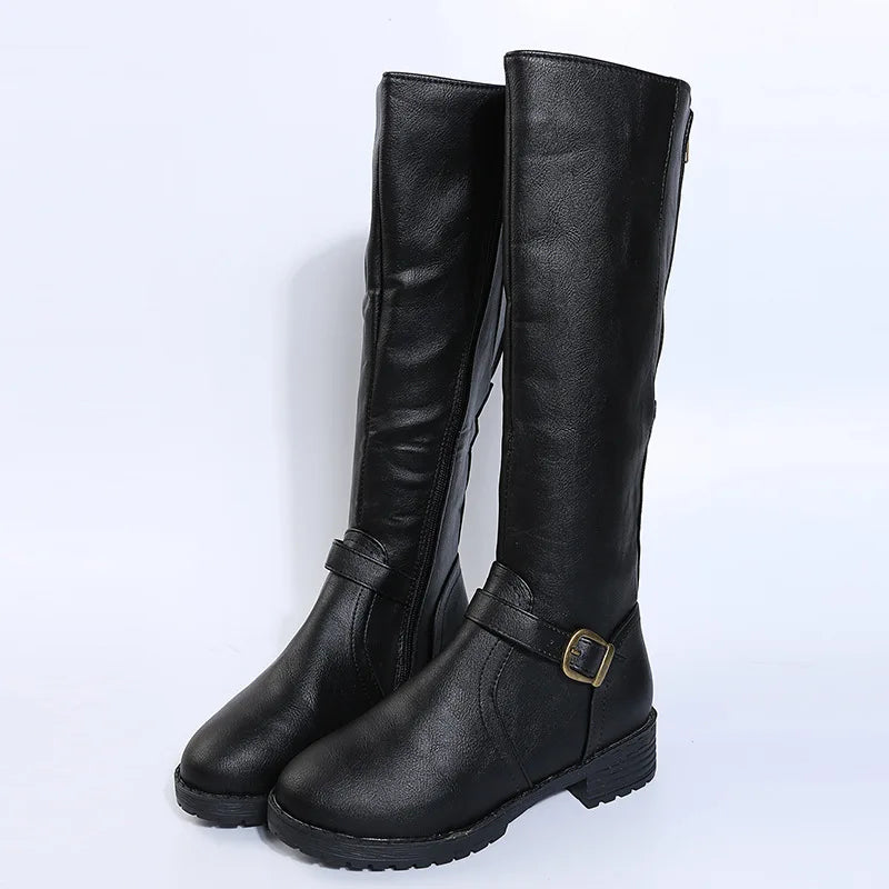 Women’s Knee-High Platform Boots – Low Heel Round Toe Brown PU Leather Long Boots with Zipper, Vintage Style 2025