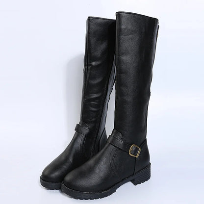 Women’s Knee-High Platform Boots – Low Heel Round Toe Brown PU Leather Long Boots with Zipper, Vintage Style 2025