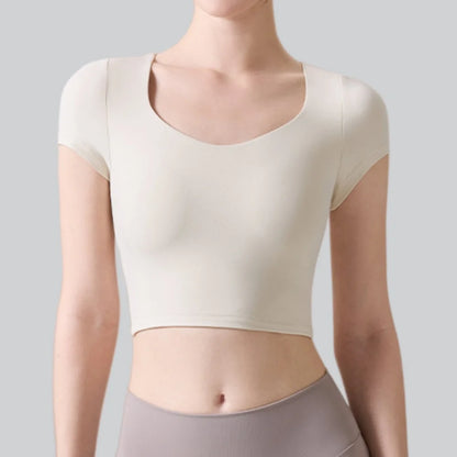 Women’s Yoga Sports Top with Built-In Chest Pads – Quick Dry Short Sleeve Fitness Shirt for Running, Pilates & Training