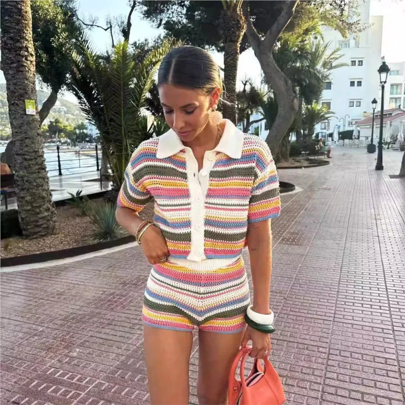 Women Y2K Patchwork Striped Crochet Knit Crop Sweater & Shorts Set – Hollow Out Short Sleeve Polo Collar Outfit