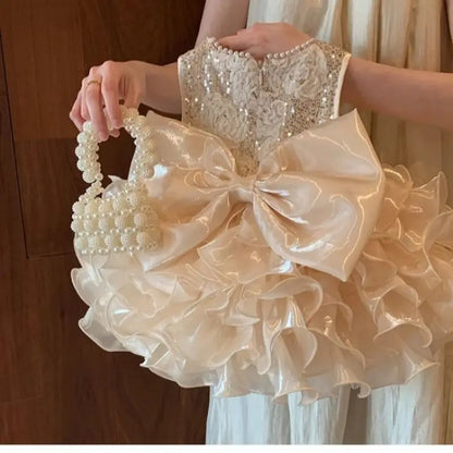 Kids Princess Party Dress - Beaded Sequin Floral Hem Birthday Costume Dress