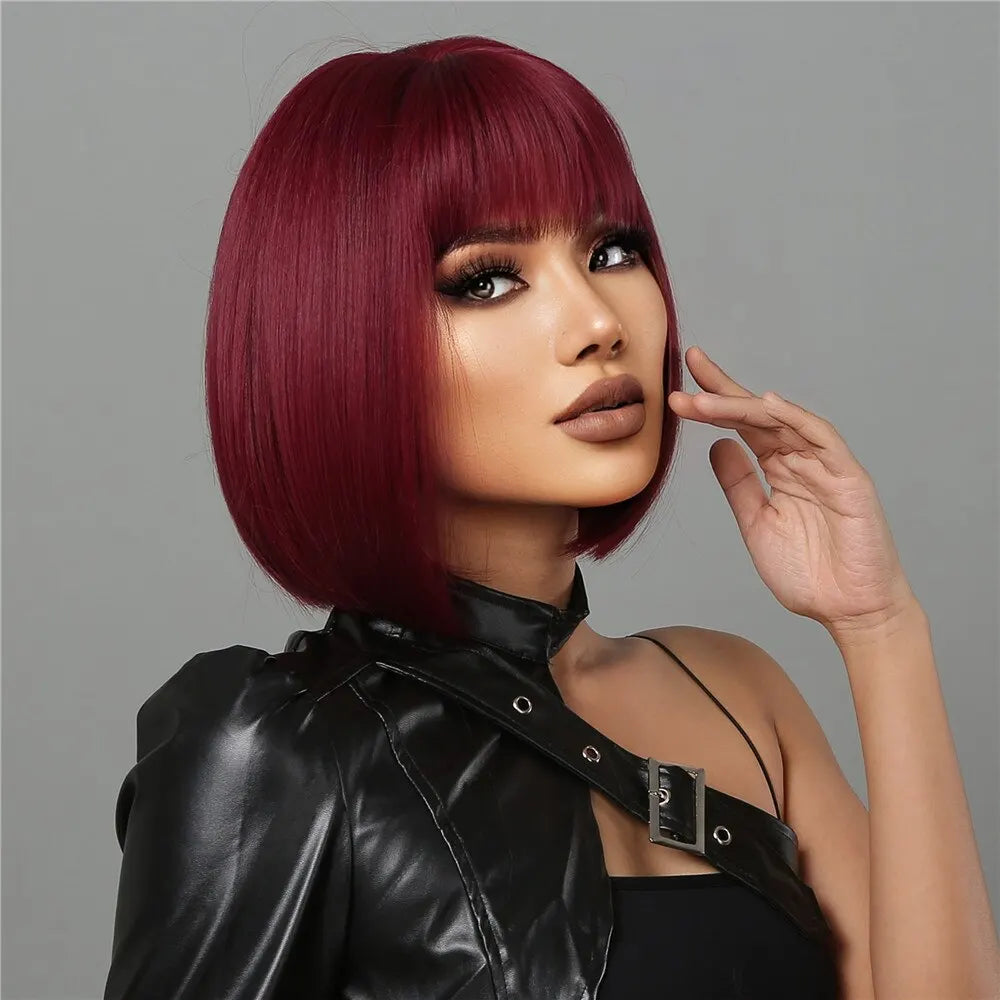 Wine Red Short Bob Wigs for Women - Burgundy Bob Wigs with Thick Bangs, Heat Resistant Synthetic Wig