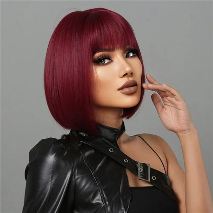 Wine Red Short Bob Wigs for Women - Burgundy Bob Wigs with Thick Bangs, Heat Resistant Synthetic Wig