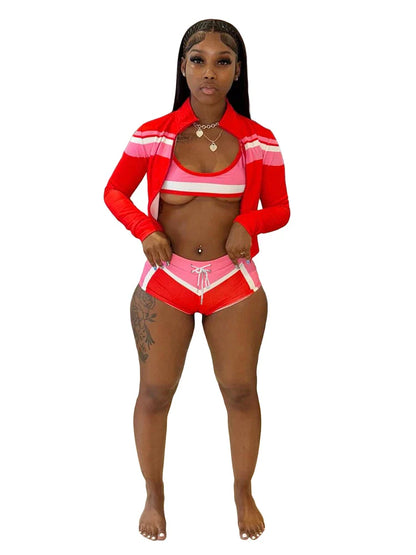 2025 Trending Women’s Summer 3-Piece Tracksuit – Color Block Sports Bra, Jacket & Shorts Gym Workout Set