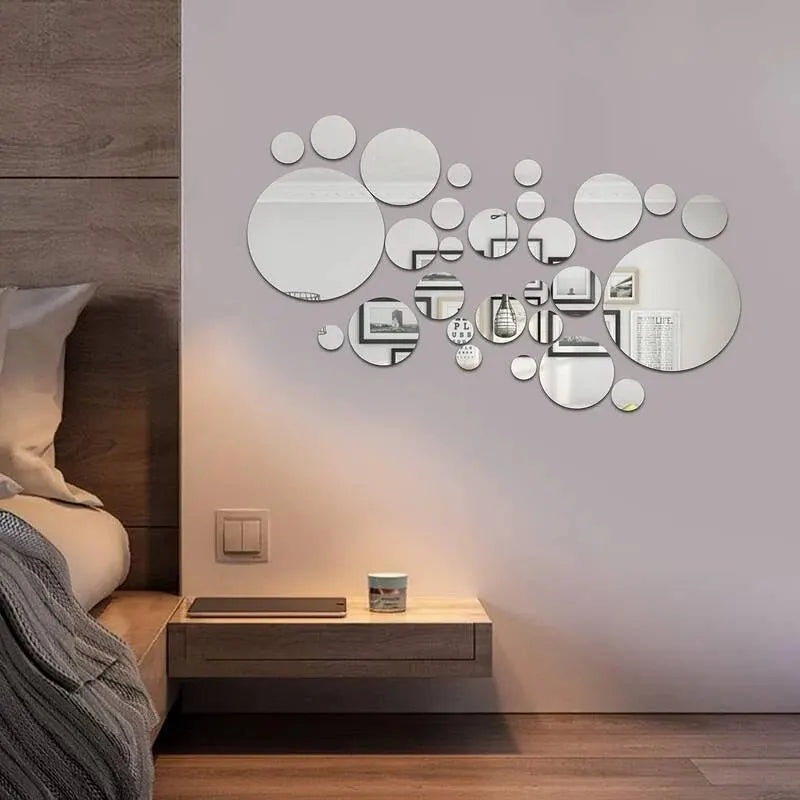 26pcs 3D Acrylic Mirror Wall Stickers – Round DIY Mirrors for Bedroom, Bathroom and TV Background Decoration