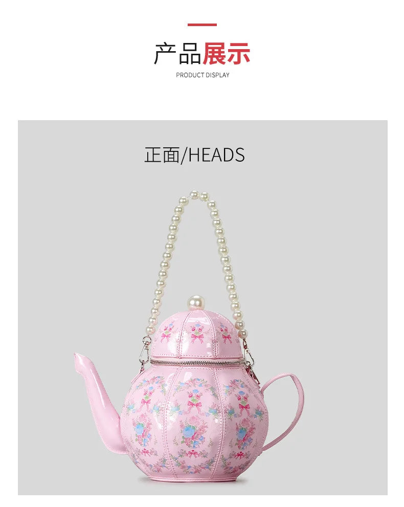 Creative Vintage Printed Teapot Design Women’s Handbag – Pearl Chain Luxury Small Bucket Crossbody Bag