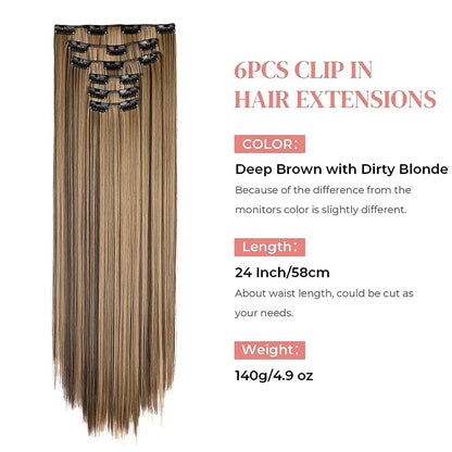 Black Hair Extensions: 24"/60cm, 140g, 6pcs/set Long Straight Synthetic - Full Head Clip, 16 Clips, Ombre, Heat Resistant Fiber for Women