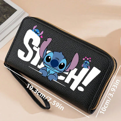 Stitch Long Zip Wallet for Women – Cute Cartoon Print with Wrist Strap, Soft Multi-Card Holder in 4 Colors