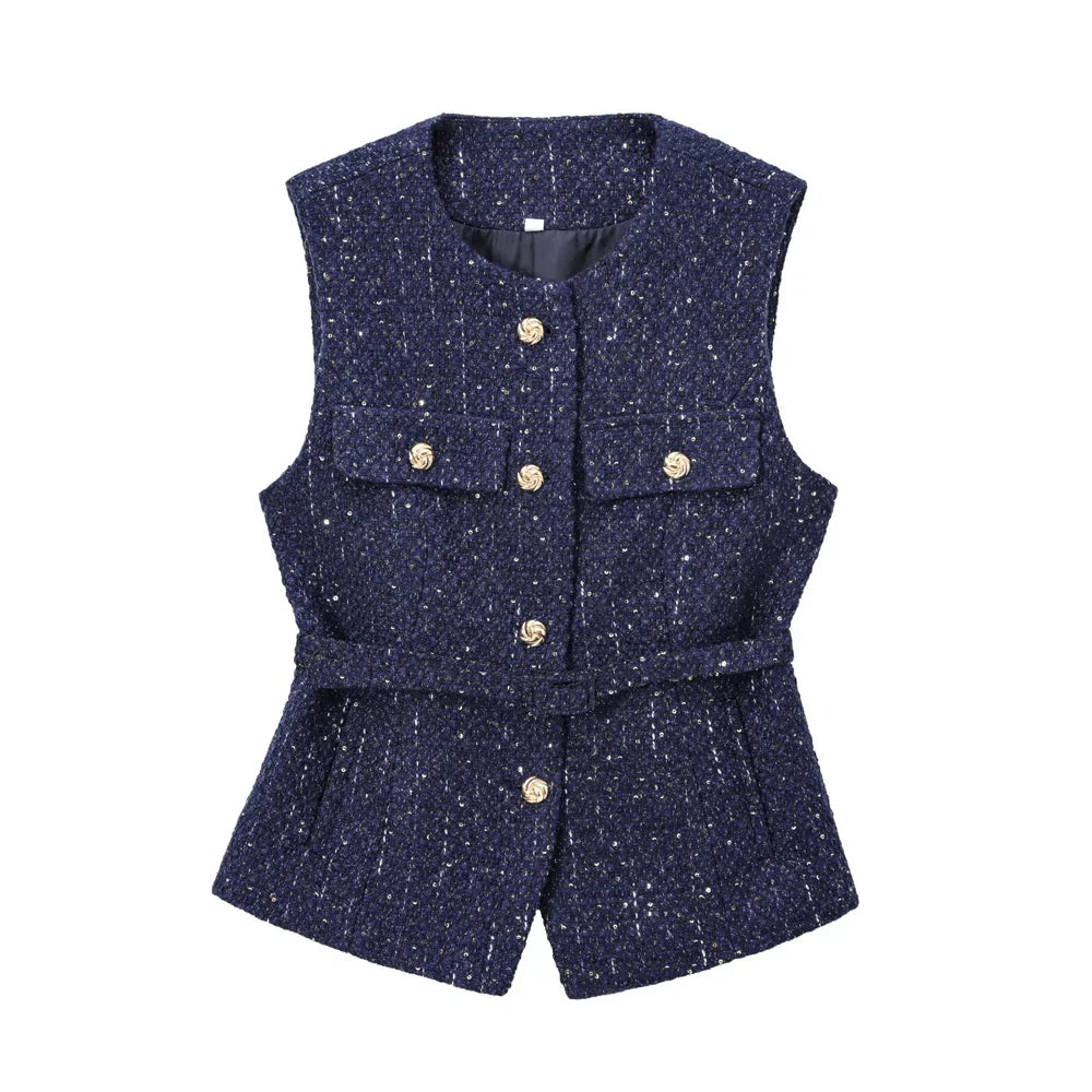 TRZA Women’s Tweed Waistcoat — Sleeveless O-Neck Top with Belt & Front Buttons, Chic Fashion Outerwear