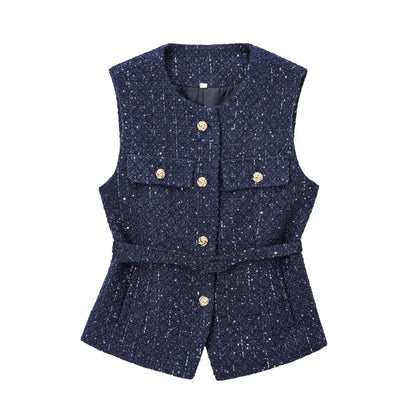 TRZA Women’s Tweed Waistcoat — Sleeveless O-Neck Top with Belt & Front Buttons, Chic Fashion Outerwear