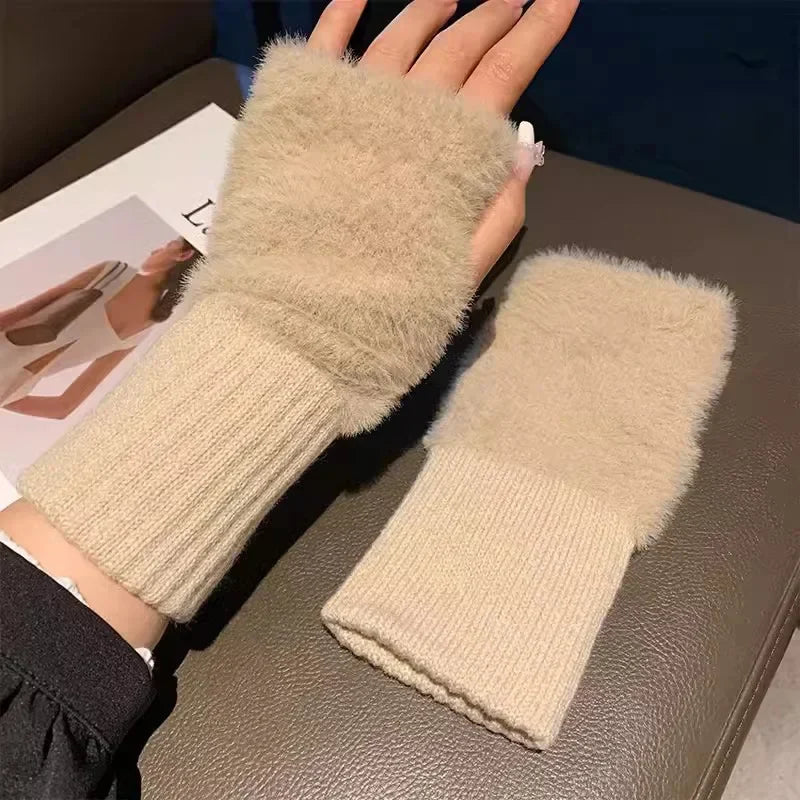 Stay Cozy in Luxury: Women's Mink Fleece Half Finger Gloves - Soft Winter Warmth in Solid White, Plush Knitted Fingerless Design for Comfort